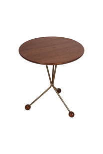 Albert Larsson: Side Table (Table in a Jar): Sweden, 1950s; teak with dark finish, brass; unsigned 17 1/2 x 15 1/2 in. (44.5 x 39.4 cm.)