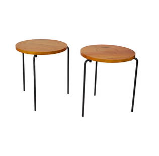 Luther Conover (1913-1993): Pair of Tables: laminated birch, enameled steel; unsigned Each: 16 1/2 x 14 1/2 in. (41.9 x 36.8 cm.)