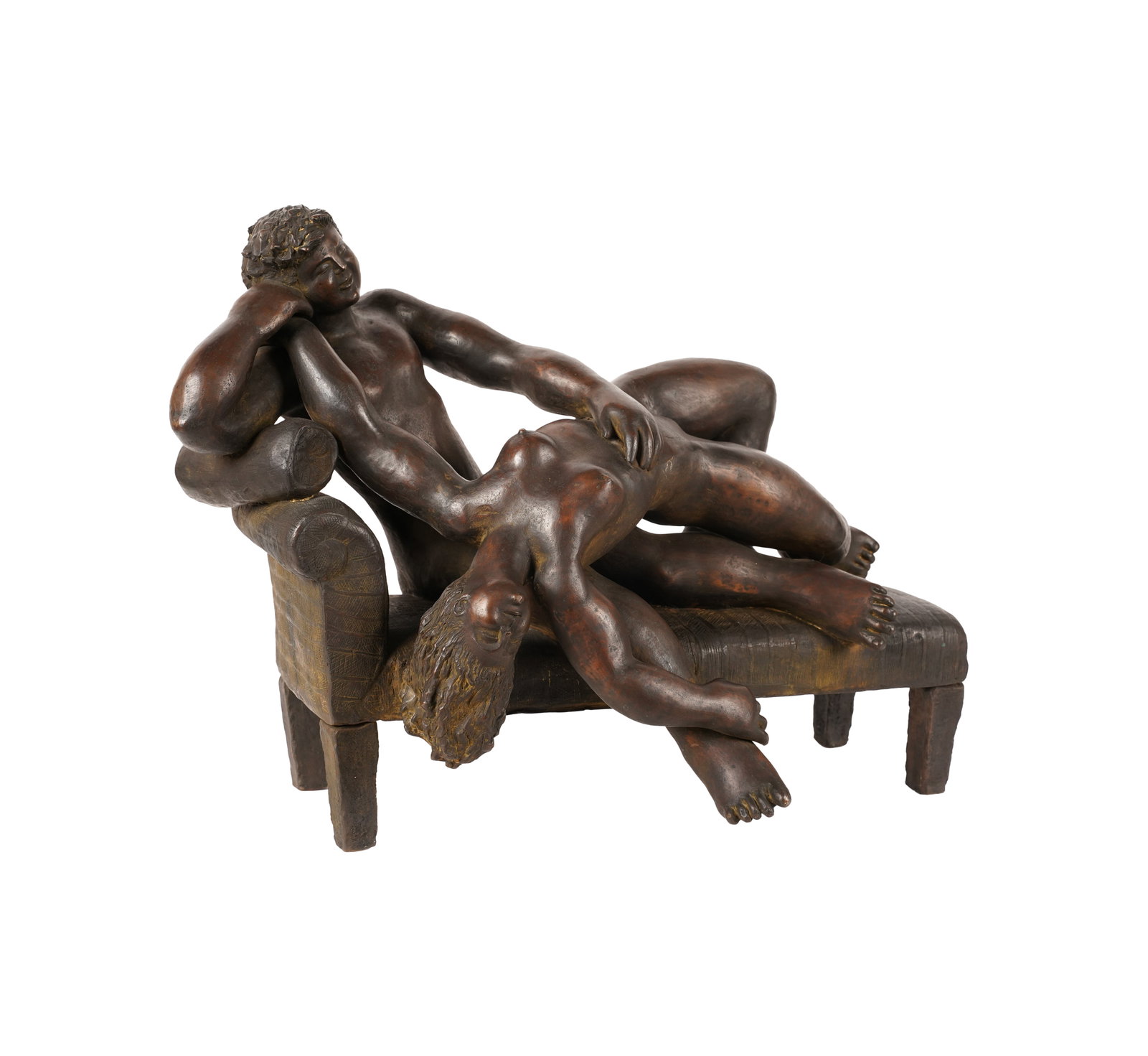 Jose Seguiri (B. 1954): Man and Woman on a Sofa: Jose Seguiri B. 1954 Man and Woman on a Sofa bronze with dark brown patina ed. 2/7; signed and numbered to sofa 18 x 28 x 14 in. (45.7 x 71.1 x 35.6 cm.) Note: Artist exhibit booklet included.