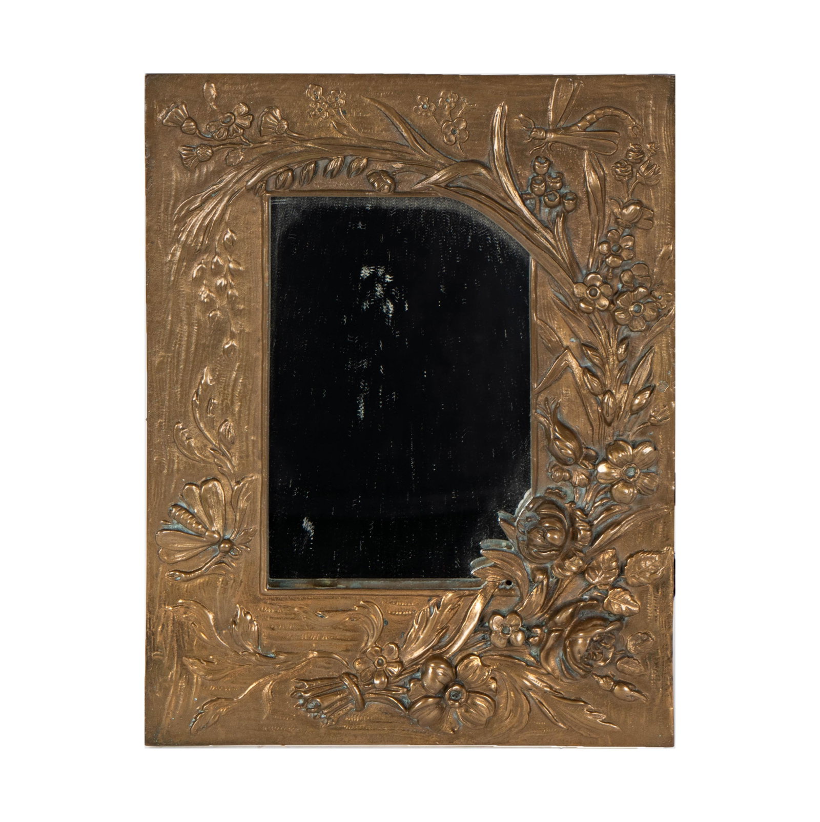A Gilt Bronze Frame: cast with flowers and insects, and inset with a mirror plate 11 x 8 1/2 in. (27.9 x 21.6 cm.), Window: 6 1/4 x 4 1/4 in. (15.9 x 10.8 cm.)