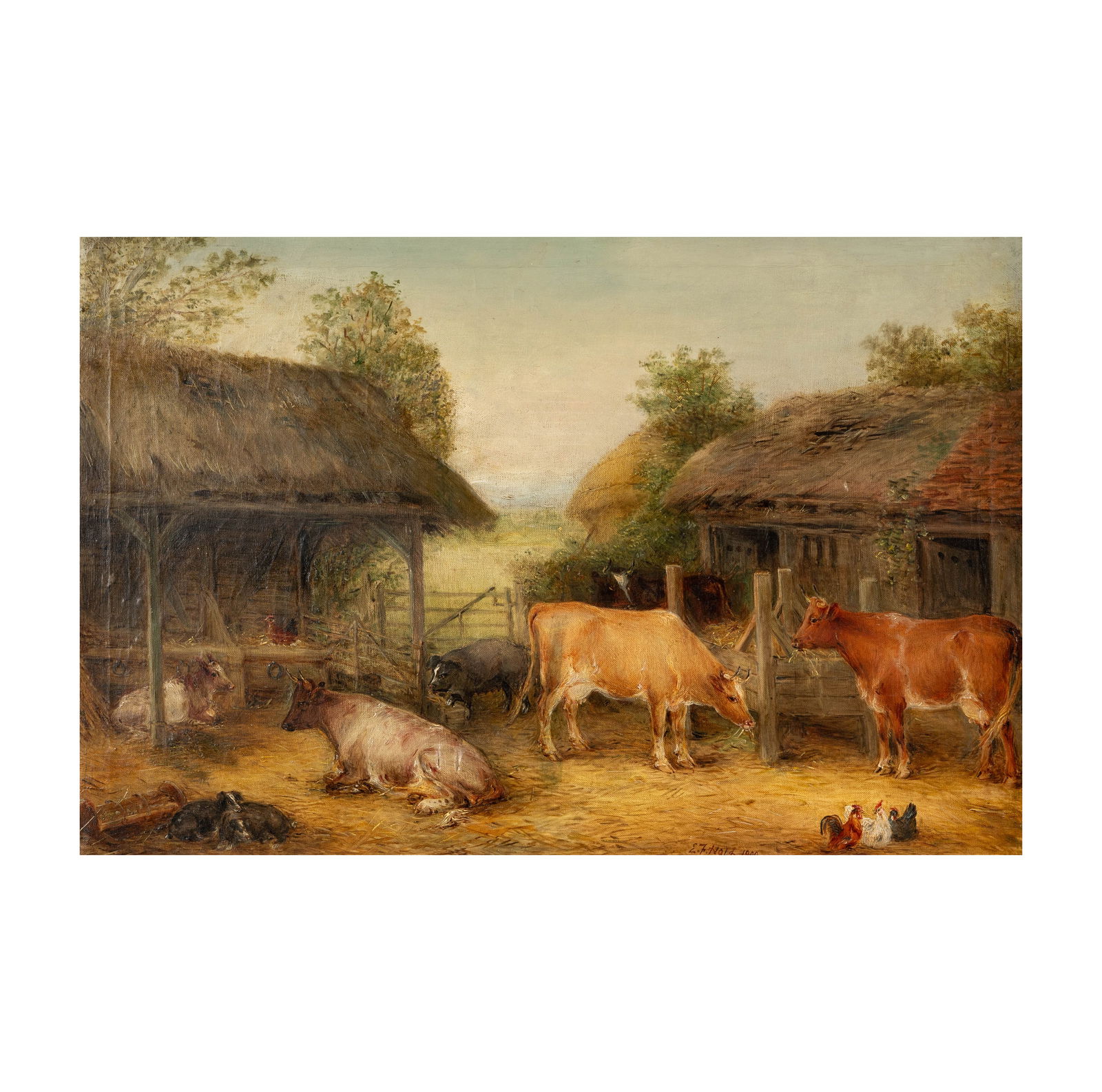 Continental School: Farmyard Scene: oil on canvas; inscribed "E. Holz" and dated lower right Sight: 19 1/2 x 29 in. (49.5 x 73.7 cm.), Frame: 26 x 36 in. (66 x 91.4 cm.)