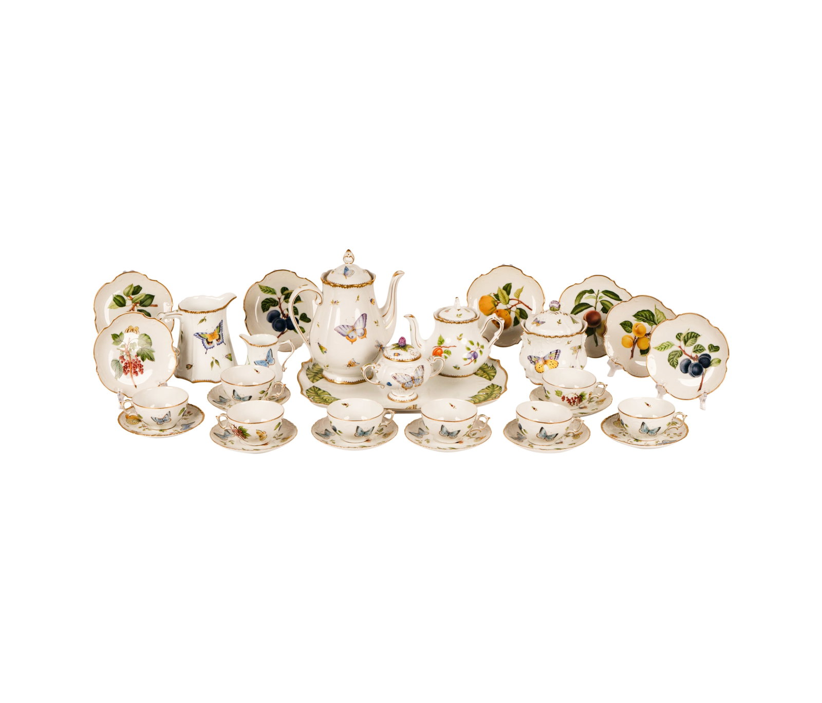 An Anna Weatherley Designs Porcelain Tea and Coffee Service: an assembled set comprising one coffee pot (10 in. high), one creamer (4 in. high), one covered sugar (5 in. high), one pitcher (6 in. high), eight teacups (2 1/4 in. high), eight saucers (6 1/4 in. d