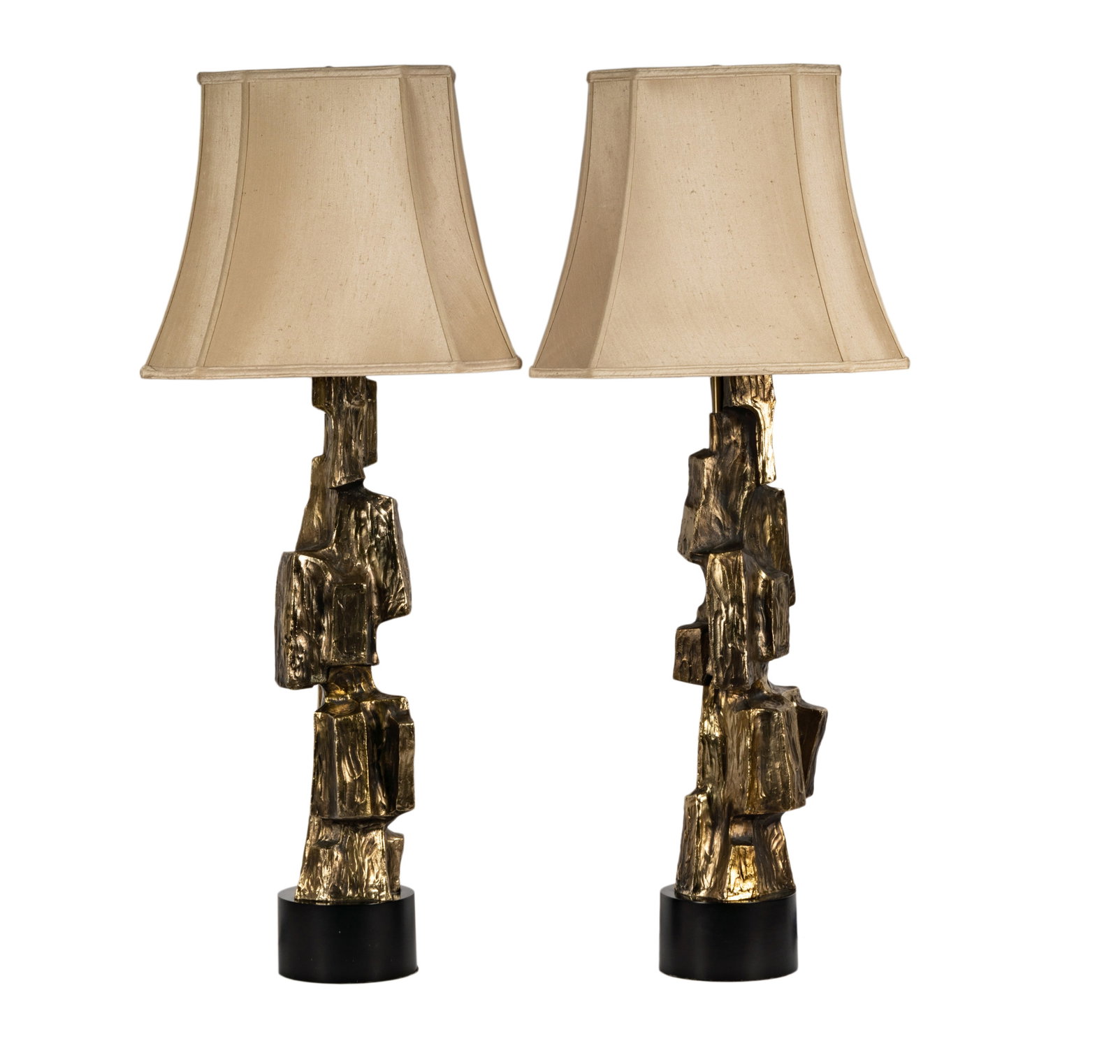 Maurizio Tempestini: Pair of Brutalist Table Lamps: manufactured by Laurel Lamp Co., USA, c. 1970; patinated metal, wood, with later replaced shades Overall: 44 in. (111.8 cm.) high, Shades: 14 1/2 x 8 1/2 in. (36.8 x 47 cm.)