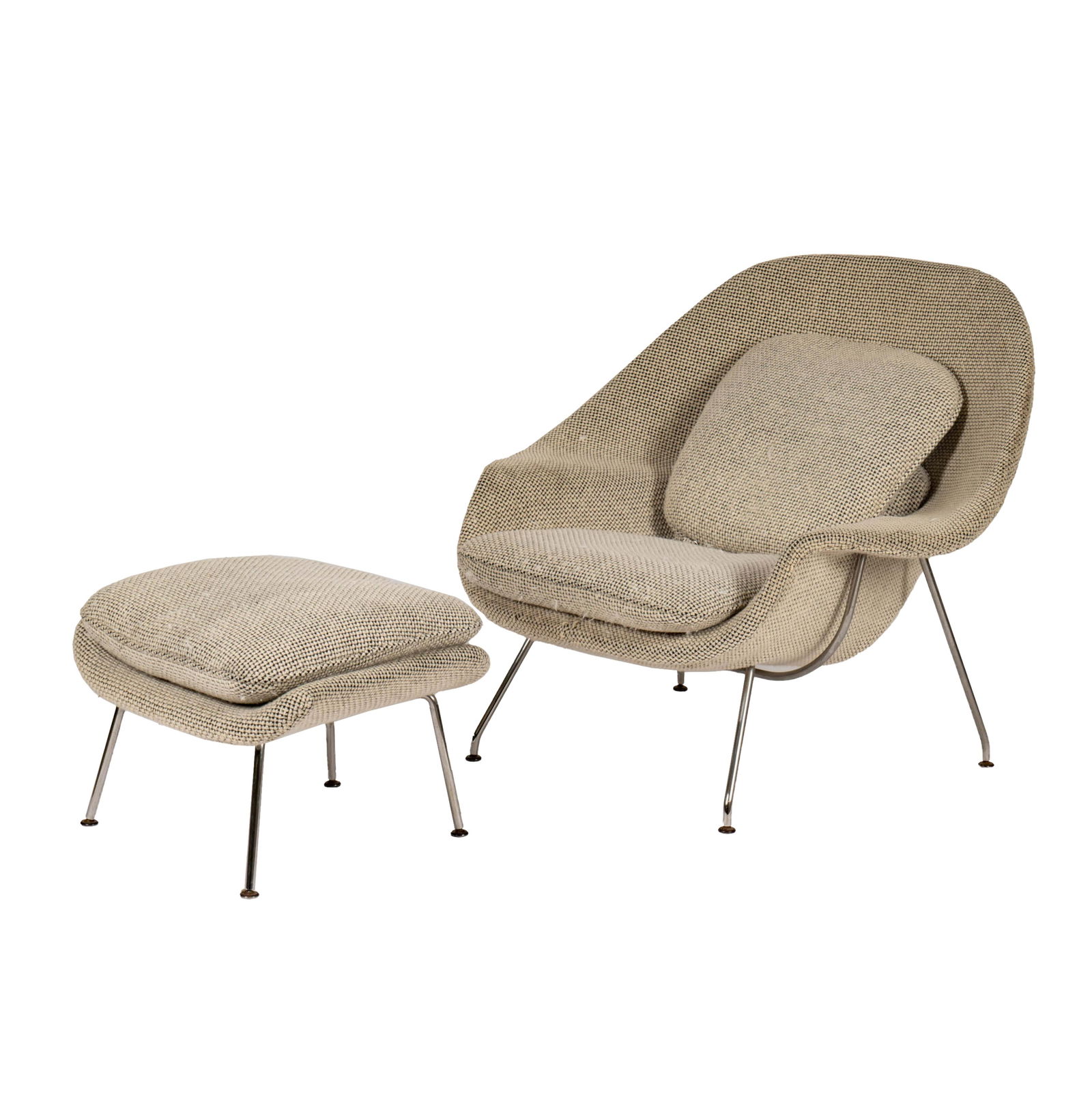 Eero Saarinen for Knoll: Womb Chair and Ottoman: chrome-plated steel, fabric; unsigned Chair: 35 x 40 1/2 x 36 in. (88.9 x 102.9 x 91.4 cm.), Ottoman: 14 x 25 x 20 1/2 in. (35.6 x 63.5 x 52.1 cm.) Provenance: property from a Private Collection, purc