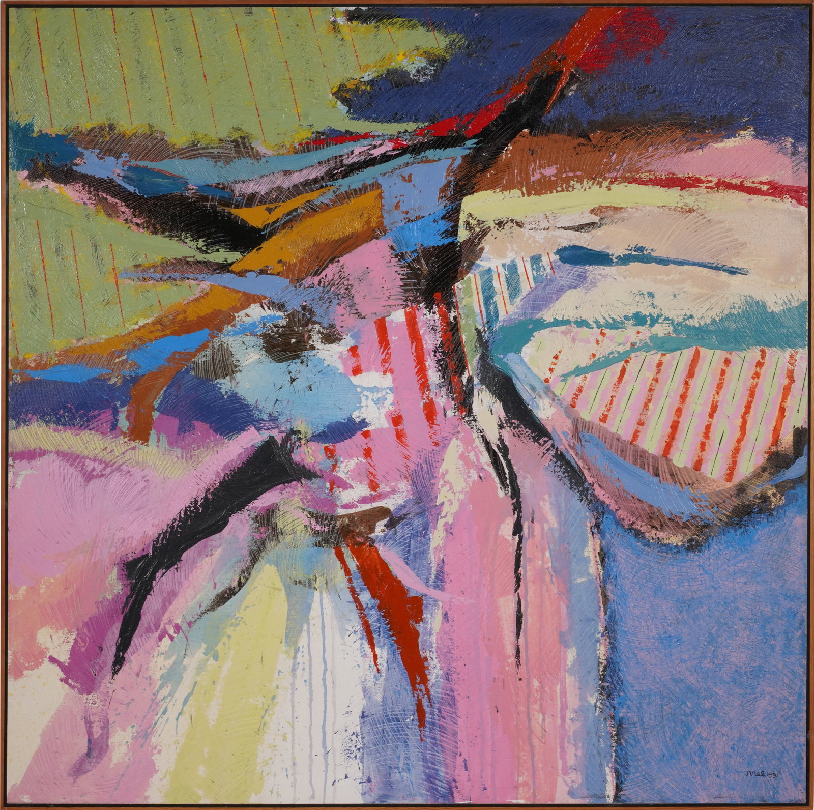 Brother Mel Meyer (1928 - 2013): Untitled (Abstract): Brother Mel Meyer 1928 - 2013 Untitled (Abstract) oil on canvas 1991; signed "Mel" and dated lower right 66 x 66 in. (167.6 x 167.6 cm.), Frame: 67 1/2 x 67 1/2 in. (171.5 x 171.5 cm.)