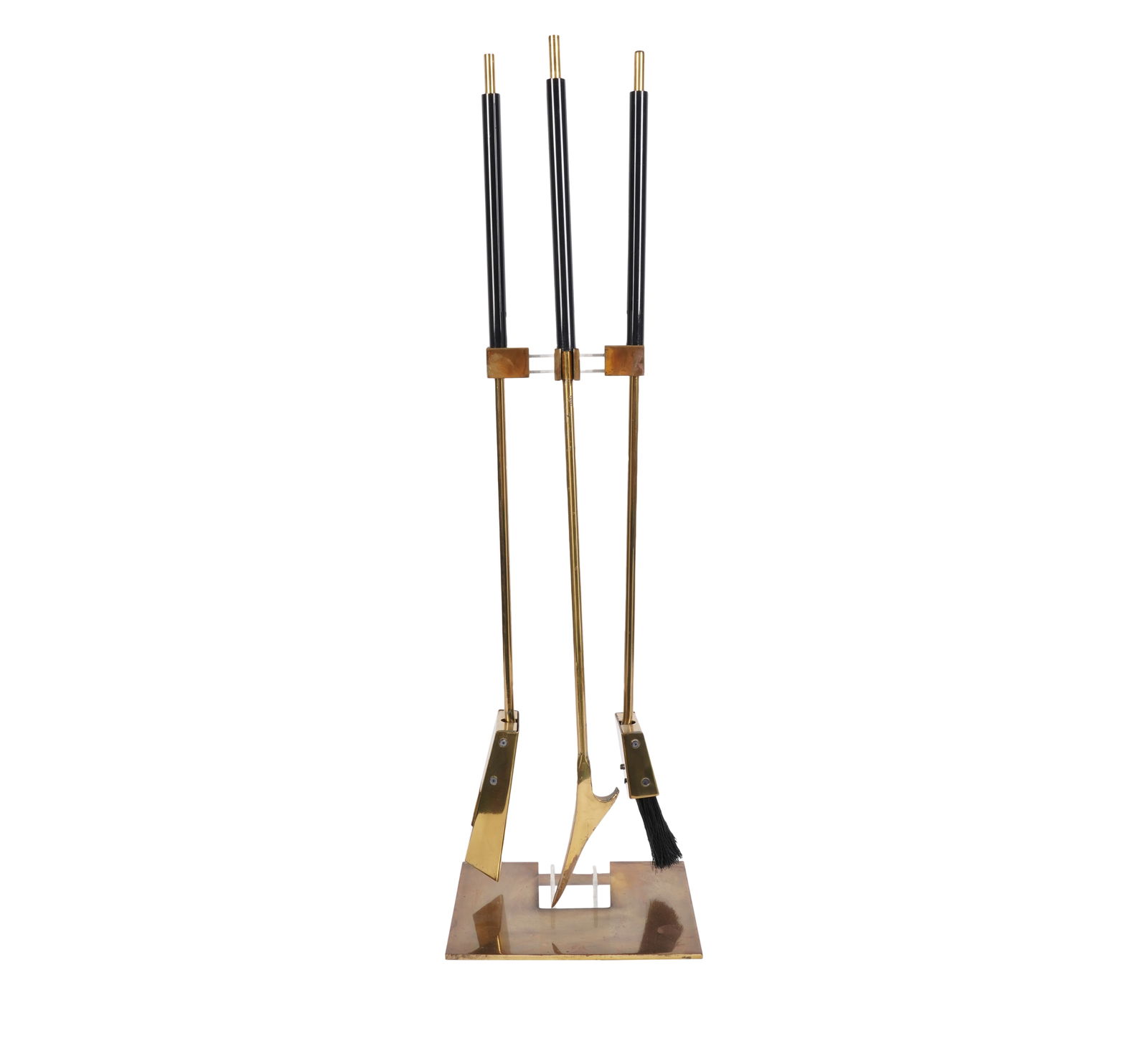Alessandro Albrizzi (1934-1994): Fire Tool Set: Italy, 1960s; Lucite, brass, comprising a poker (34 in.), a brush (33 in.), a shovel (34 in.) and a stand (25 x 10 x 8 1/2 in.) [4 pieces] Provenance: The Estate of American Pop Icons Steve Lawrence a