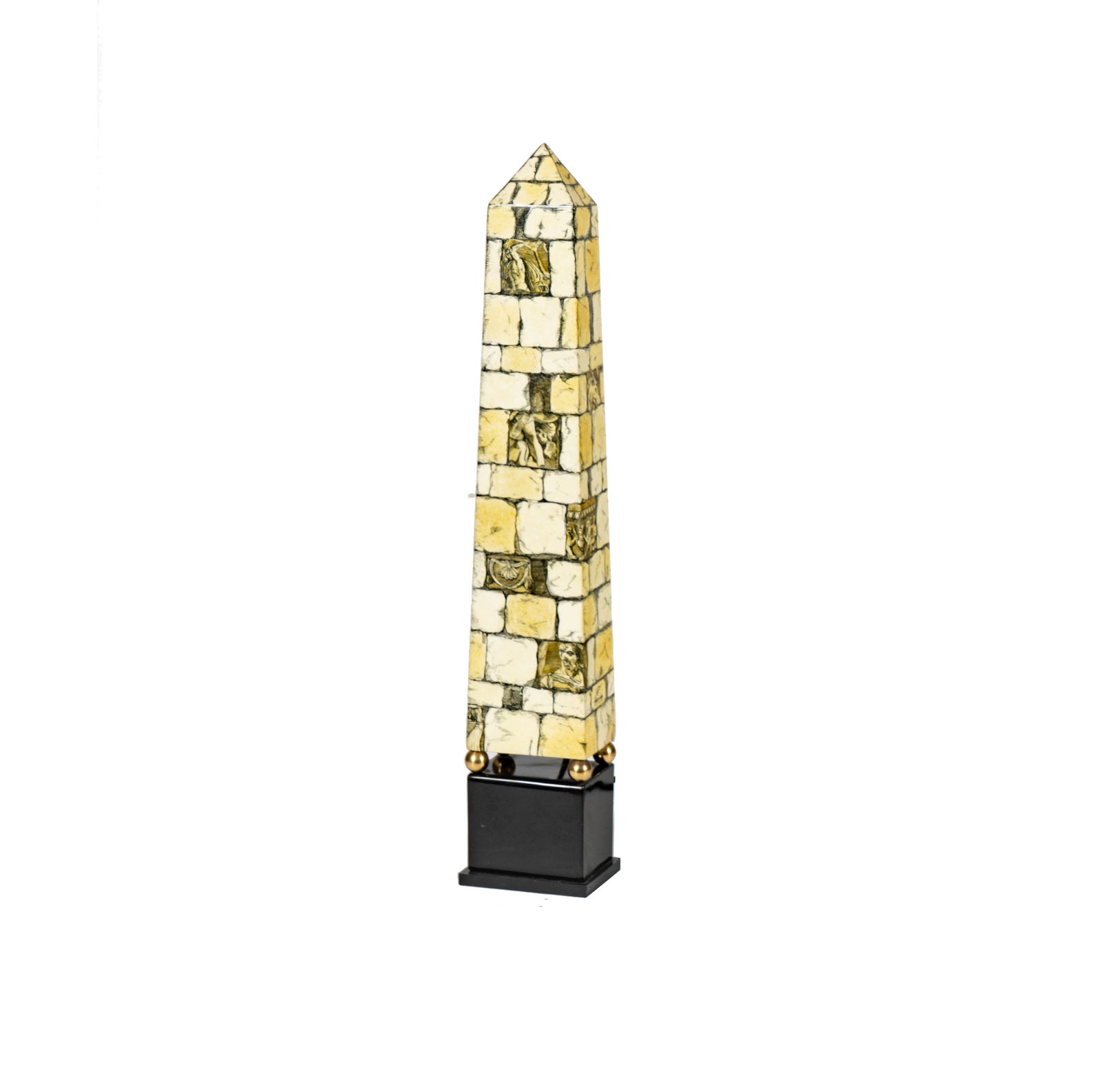 Piero Fornasetti: Muro Antico Obelisk Table Lamp: lithographic transfer print over metal, lacquered metal, brass, acrylic; with label to underside "Fornasetti Milano / Made in Italy" 23 3/4 in. (60.3 cm.) high Provenance: The Collection of Japanese A