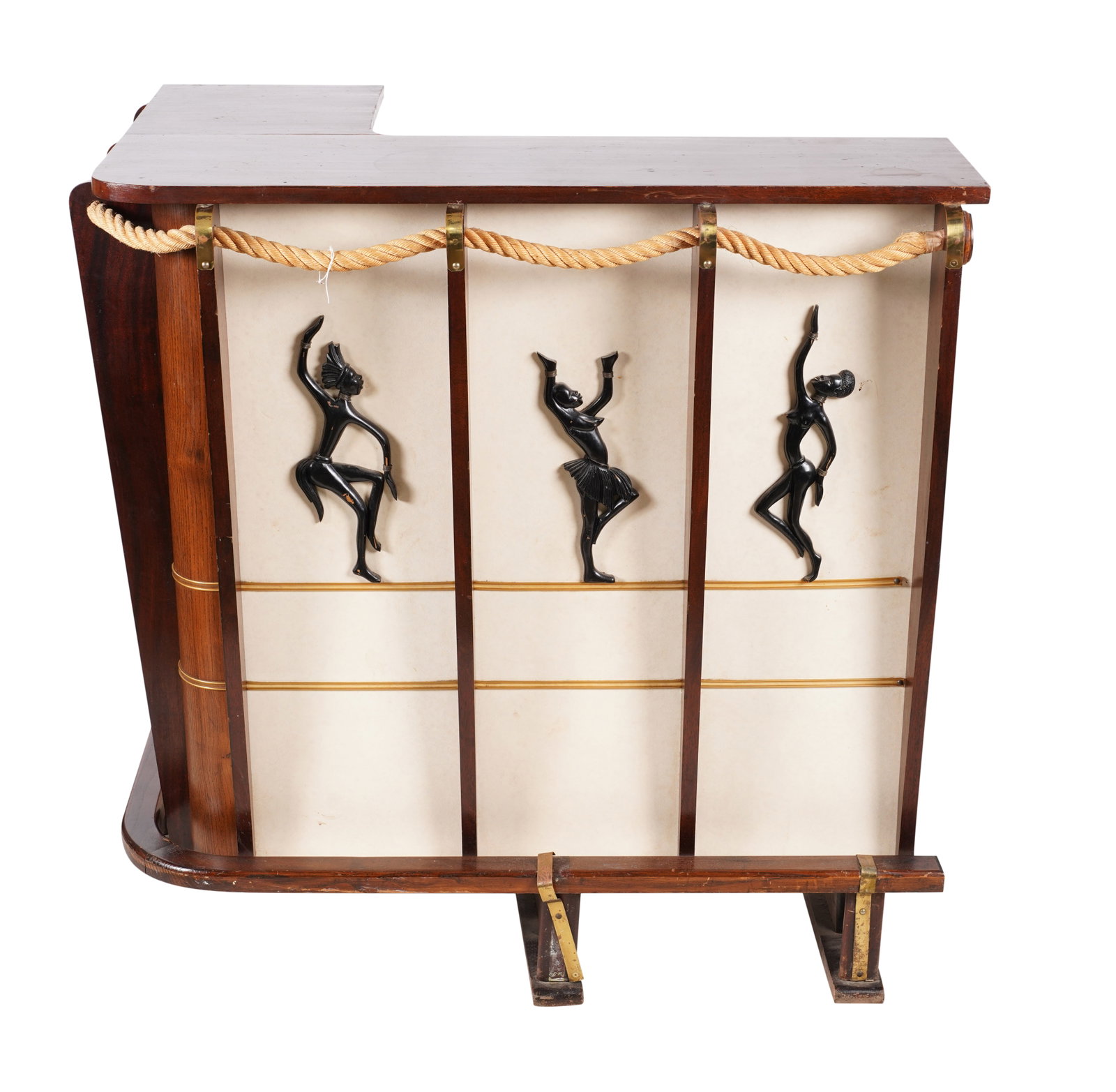 A French Art Deco Bar: c. 1950; walnut, ebonized wood, cream-colored faux leather or parchment, brass, rope; unsigned 43 x 42 x 29 in. (109.2 x 106.7 x 73.7 cm.)