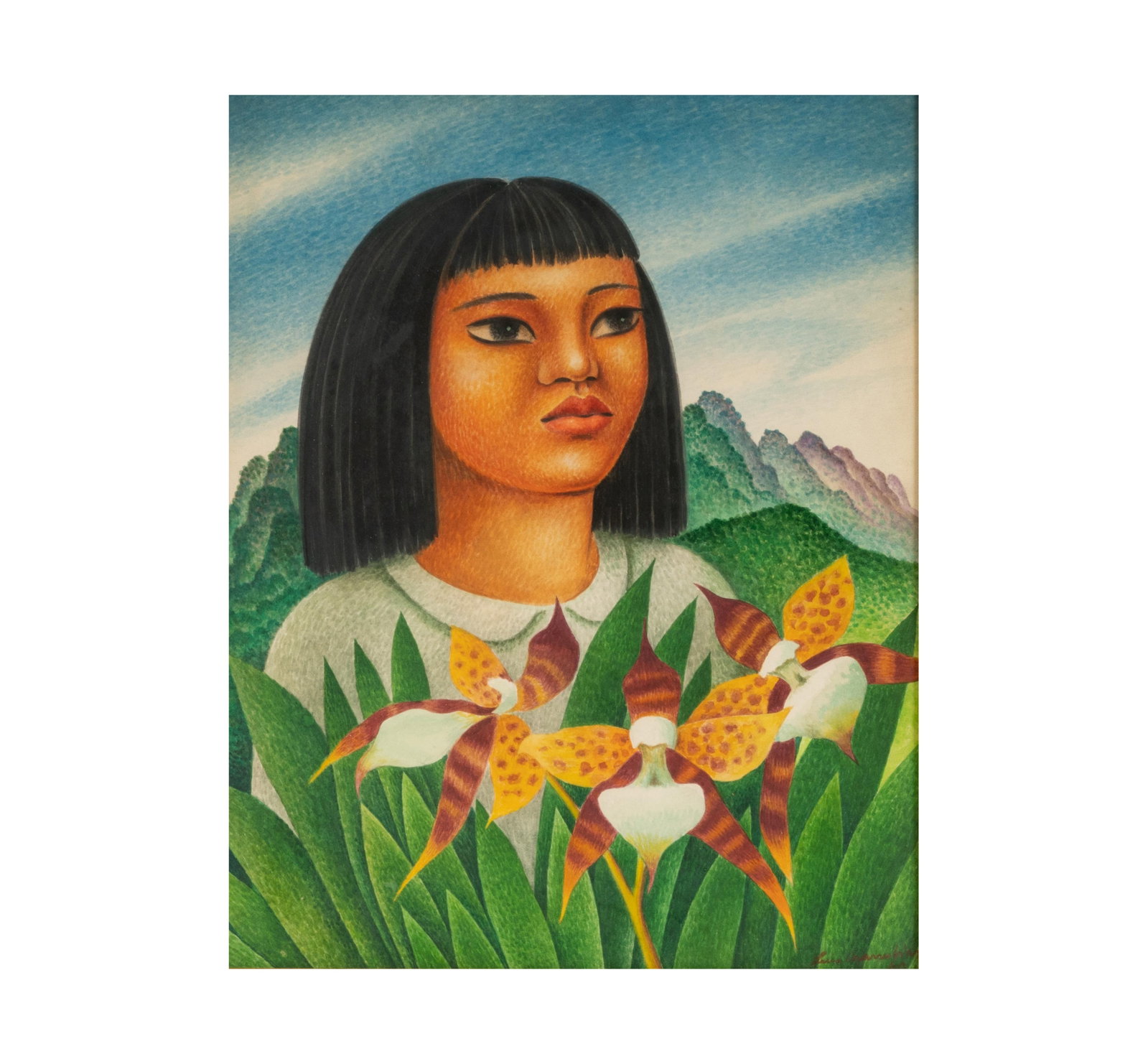 Luis Covarrubias (1918 - 1987): Nirea: Luis Covarrubias Mexican 1918 - 1987 Nirea watercolor on paper 1960, signed and dated lower right, titled to gallery label verso Sight: 14 1/2 x 11 1/2 in. (36.8 x 29.2 cm.), Frame: 22 1/4 x 19 1/4 in