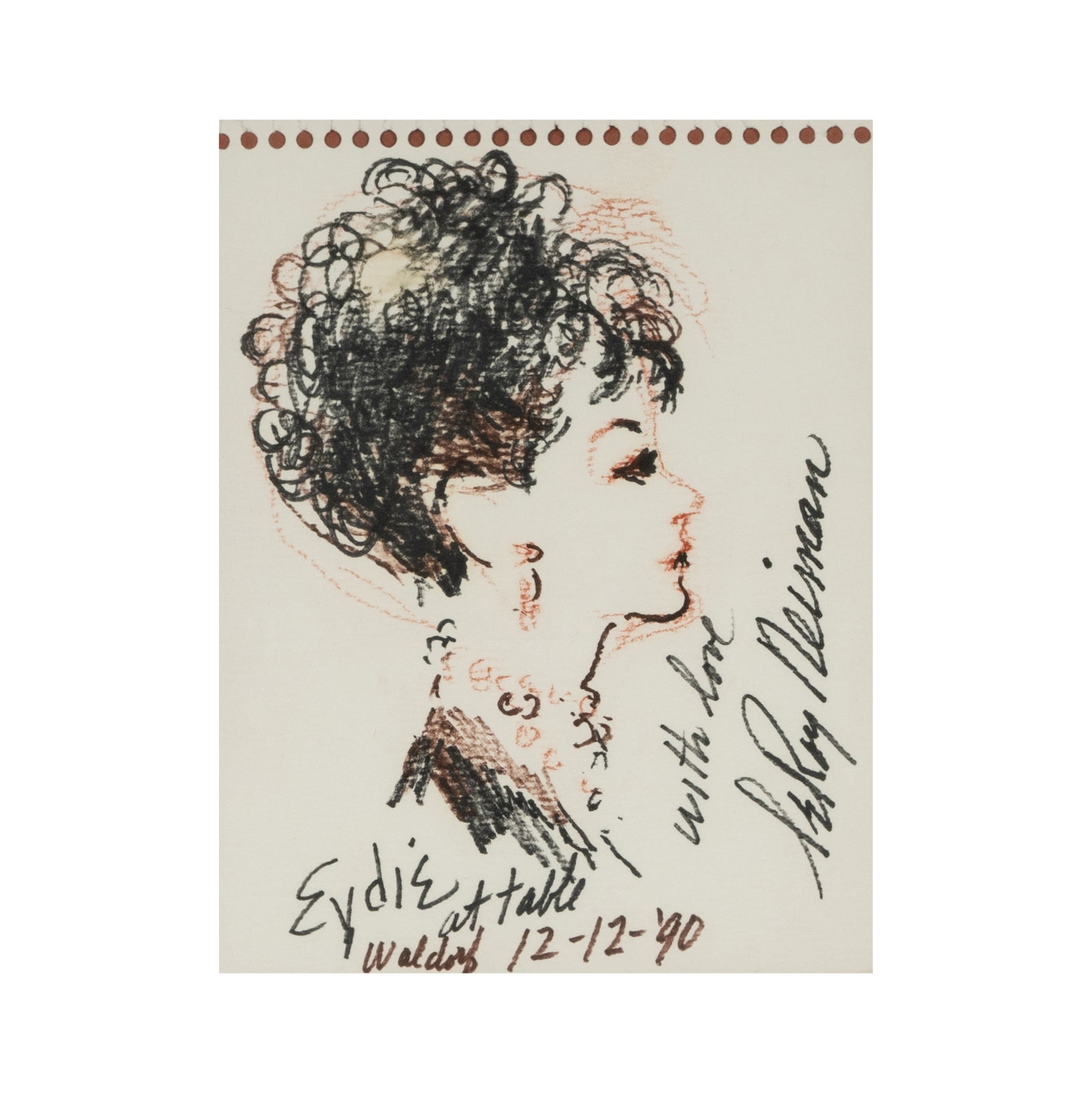 LeRoy Neiman (1921 - 2012): Eydie at Table (Eydie Gorme in Profile): LeRoy Neiman 1921 - 2012 Eydie at Table (Eydie Gorme in Profile) marker on paper 1990; signed, dated, titled and inscribed to lower and right-hand edges Sheet: 6 x 4 3/4 in. (15.2 x 12.1 cm.), Frame: 