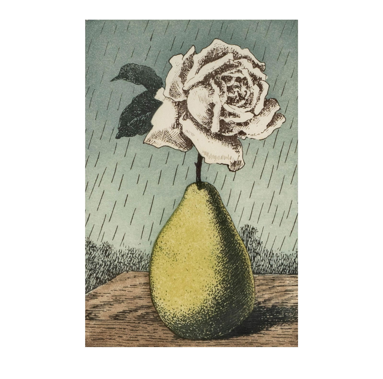 Rene Magritte (1898-1967): Poire et rose: Rene Magritte Belgian 1898-1967 Poire et rose from "Moyens d'existence" (Kaplan and Baum 20) etching and aquatint in colors on Japon nacre 1968; ed. 40/150; stamped signature and numbered in pencil Im