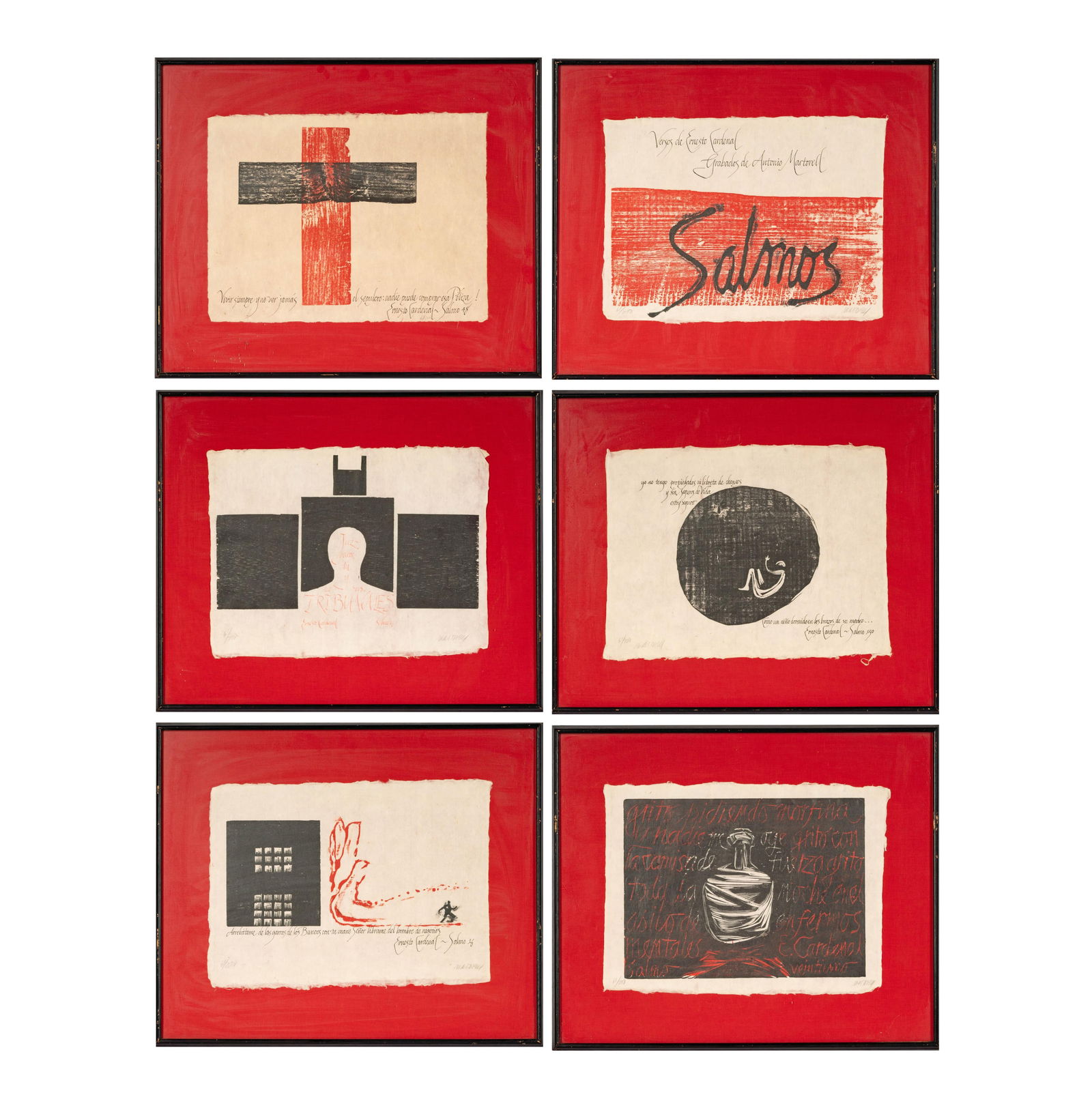 Antonio Martorell (B. 1939): Six plates from Los salmos (Psalms): Antonio Martorell B. 1939 Six plates from Los salmos (Psalms) each: woodcut with calligraphy on rice paper 1971; ed. 61/200; signed and numbered in pencil Each sheet: 13 x 17 in. (33 x 43.2 cm.), Fram