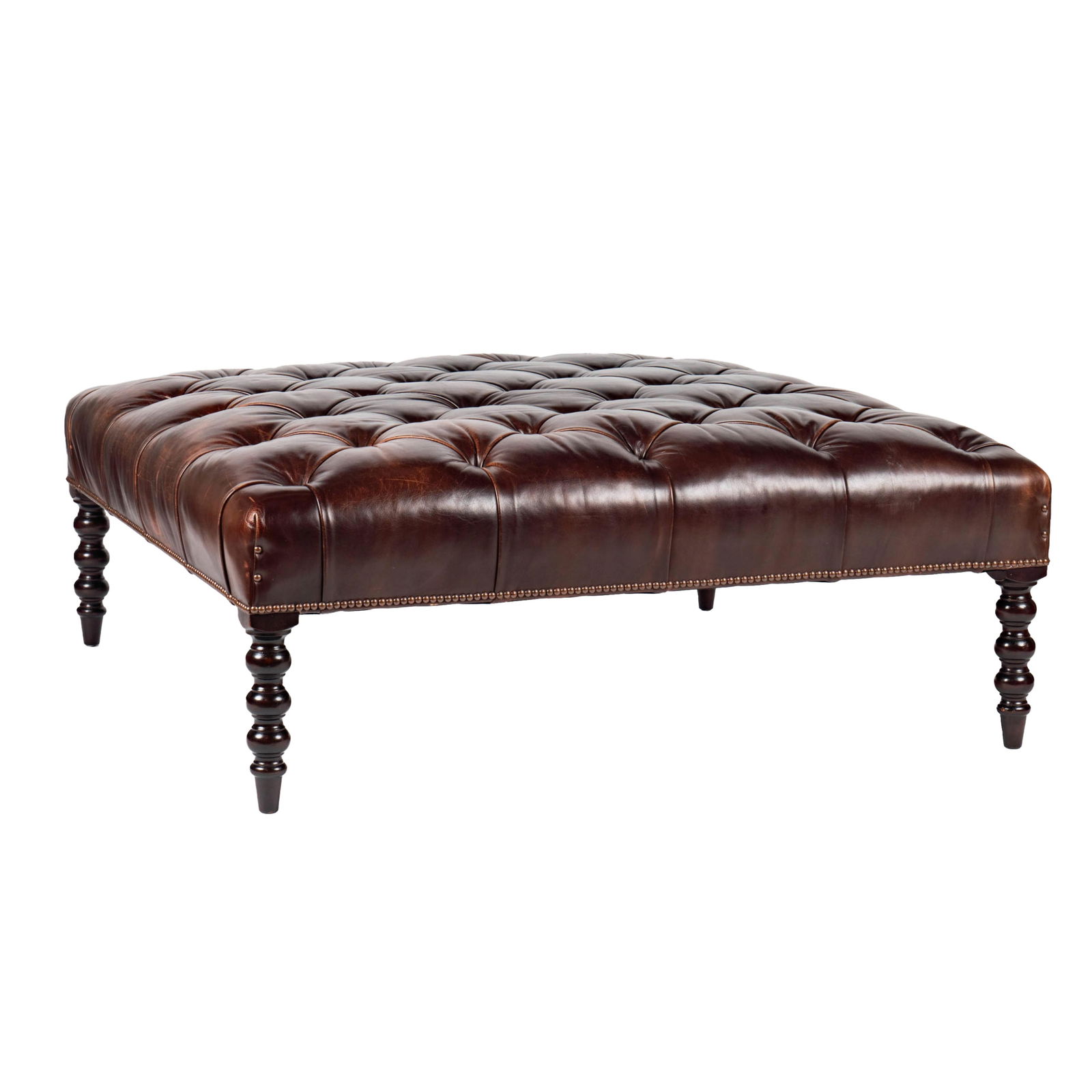 A George Smith Tufted Brown Leather Square Bench: with nailhead trim, on turned wooden legs; with manufacturer's label 18 x 49 x 49 in. (45.7 x 124.5 x 124.5 cm.)