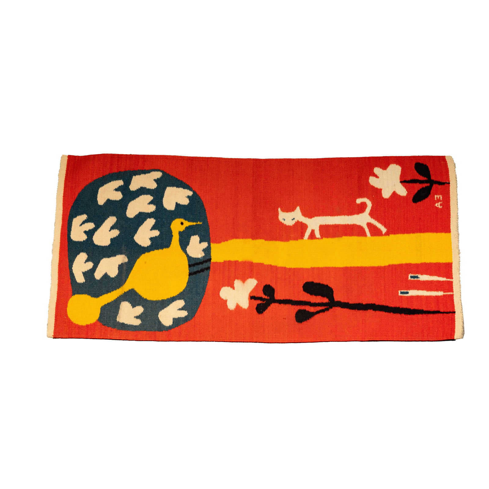 Evelyn Ackerman (1924-2012): Cat and Bird: Evelyn Ackerman American 1924-2012 Cat and Bird wool tapestry ERA Industries; signed "EA" in the weave, and with label "Evelyn Ackerman Design / Handwoven Mexico All Wool / Era Industries RN 23103 / L