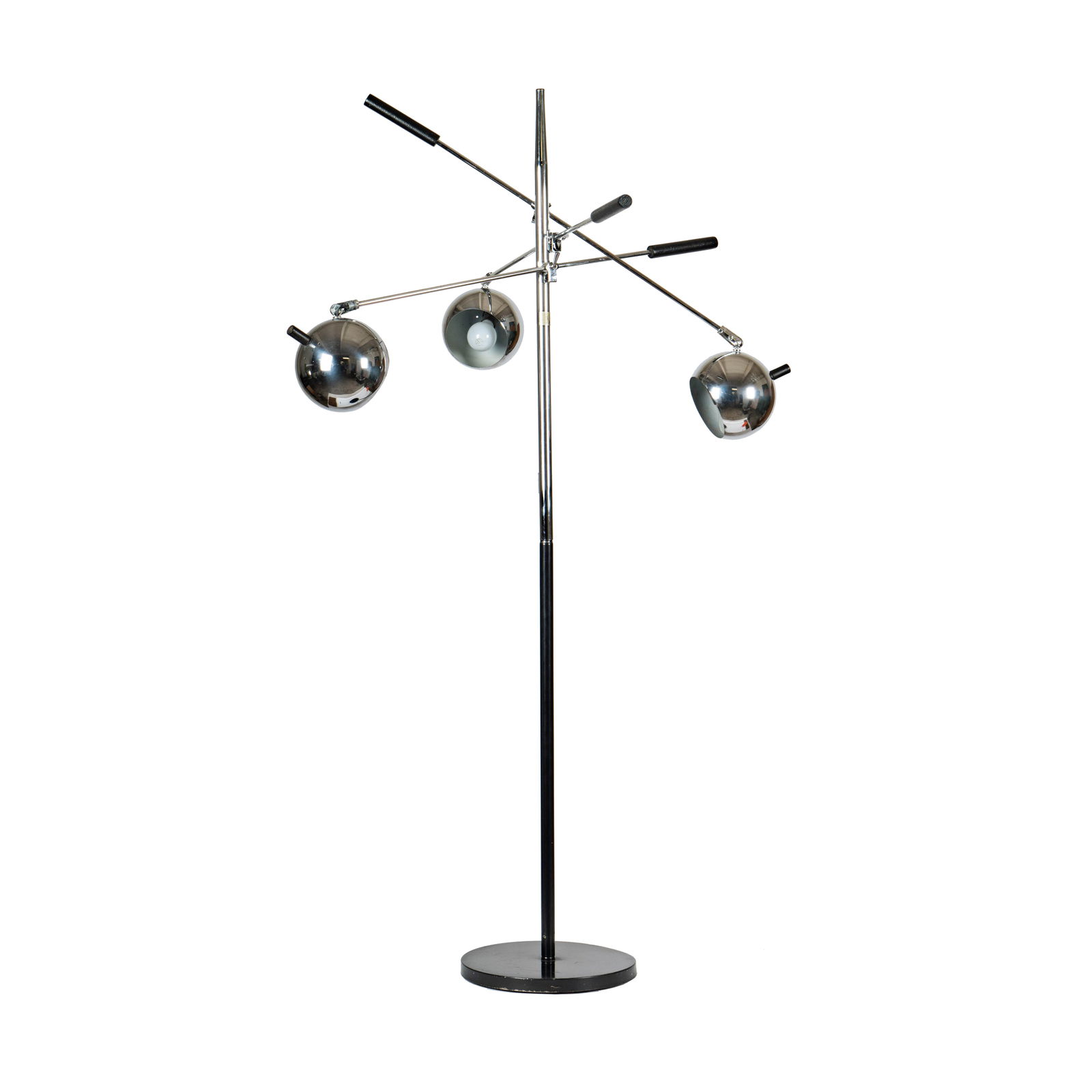 Robert Sonneman: Three Arm Floor Lamp: "Orbiter"; chromed metal, black enameled metal; the arms adjustable 65 in. (165.1 cm.) high Provenance: The Collection of Japanese Actress, Producer, and Manager Yasuko Austin Nagazumi