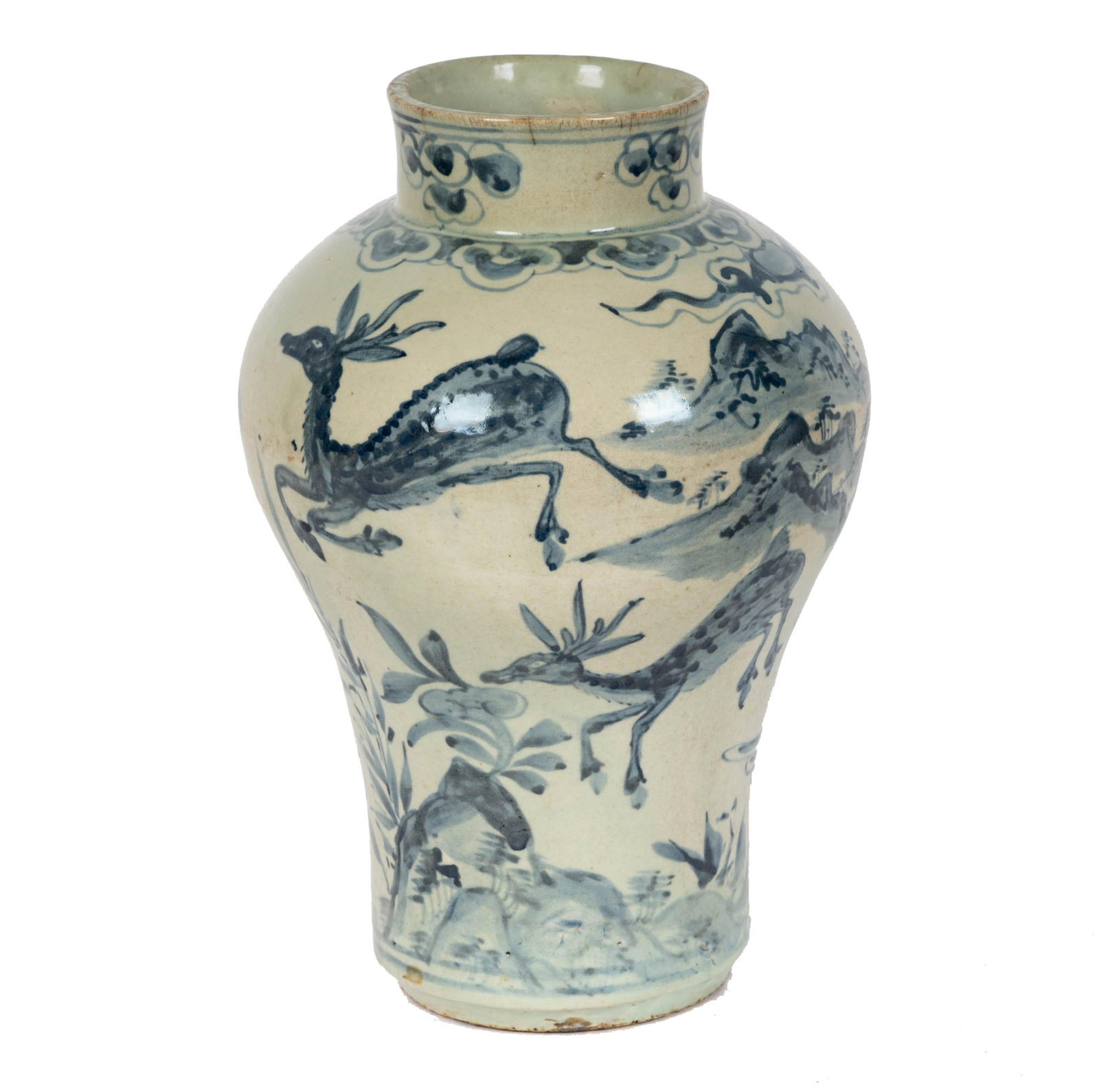 A Korean Blue and White Glazed Ceramic Crane Vase: unmarked 14 x 9 in. (35.6 x 22.9 cm.), With wooden storage box: 16 x 10 1/2 x 10 1/2 in. (40.6 x 26.7 x 26.7 cm.)