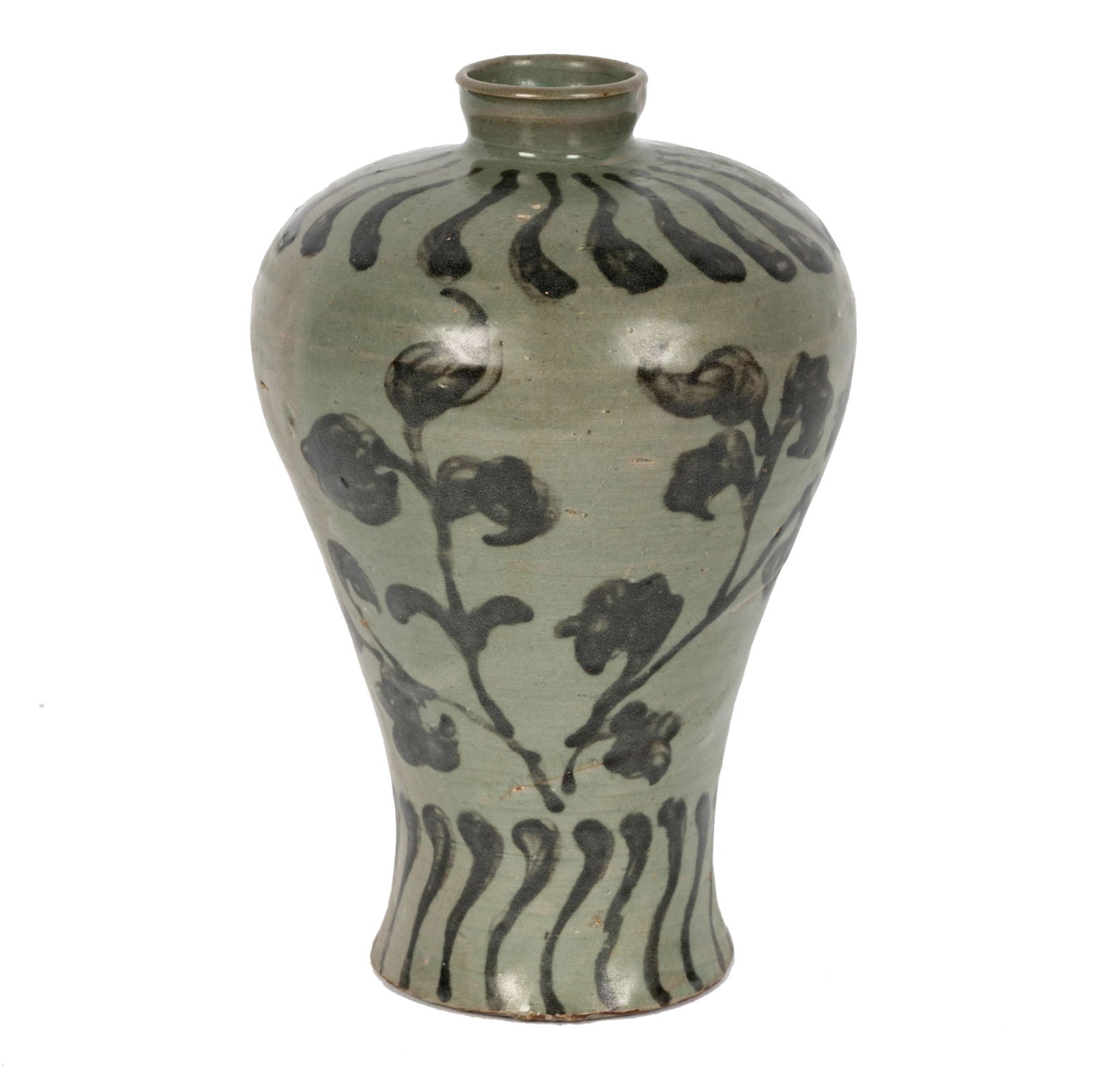 An Antique Korean Iron Painted Celadon Ceramic Vase: unmarked 10 x 6 in. (25.4 x 15.2 cm.), With wooden storage box: 11 1/2 x 7 x 7 in. (29.2 x 17.8 x 17.8 cm.)