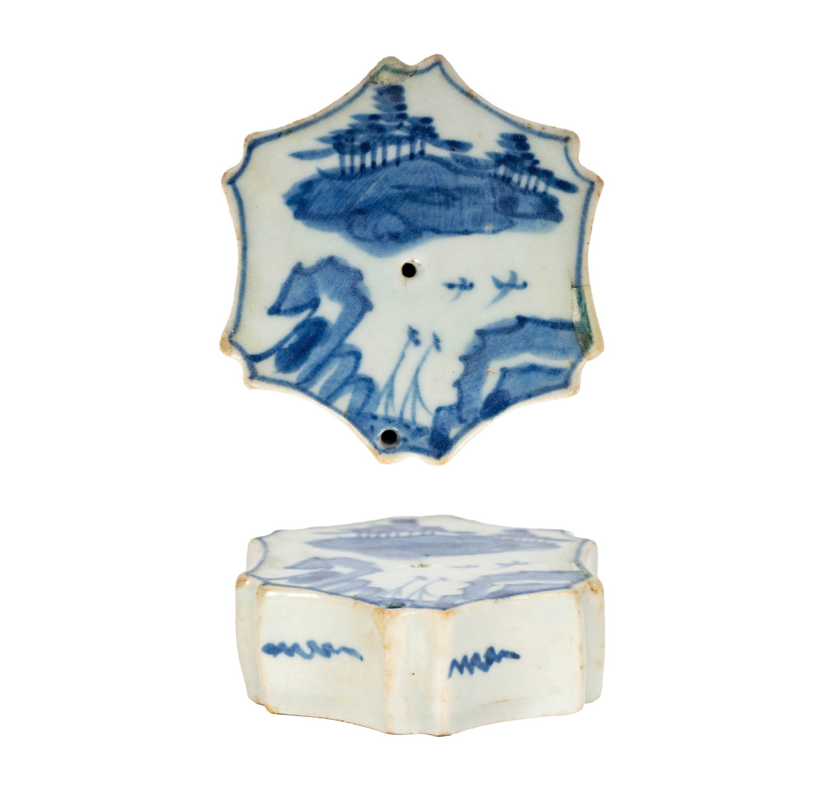 A Korean Blue and White Porcelain Water Dropper: unmarked 1 1/4 x 3 1/4 in. (3.2 x 8.3 cm.), With wooden storage box: 2 1/2 x 4 3/4 x 4 3/4 in. (6.4 x 12.1 x 12.1 cm.)