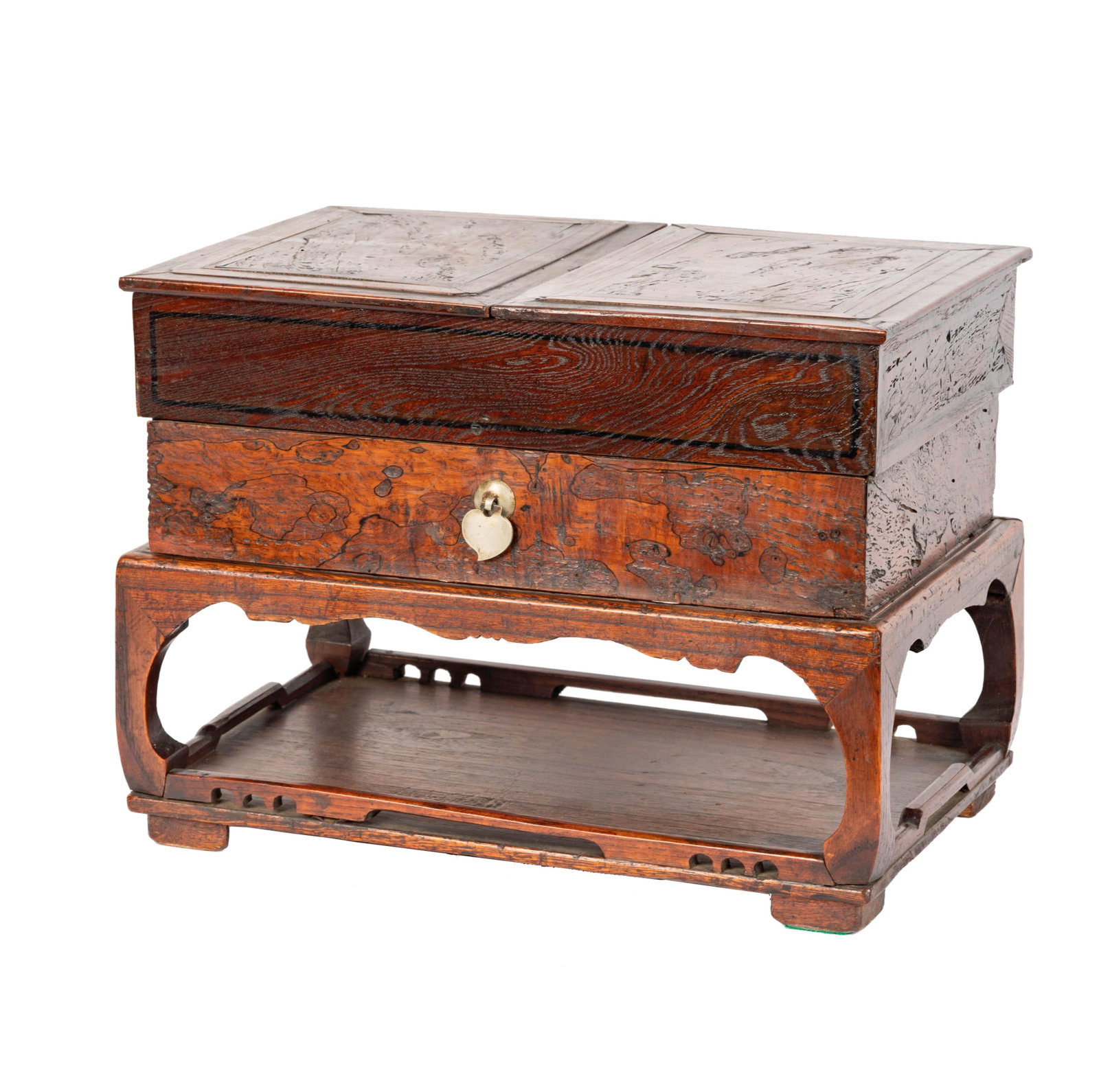 An Antique Korean Exotic Wood Scholar's Box: the top with two panels lifting to reveal two compartments, over a drawer 11 1/2 x 15 1/2 x 10 in. (29.2 x 39.4 x 25.4 cm.)