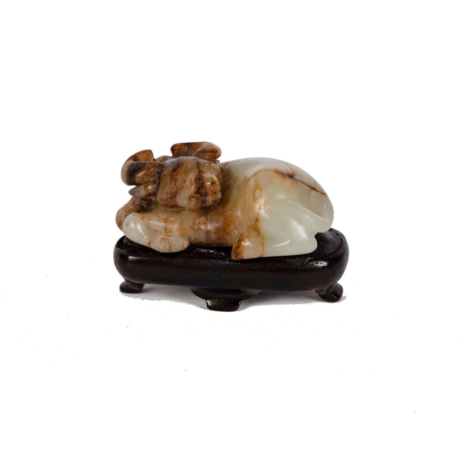 A Chinese Carved White Jade Water Buffalo: with a wooden stand Overall: 1 1/4 x 1 3/4 x 1 in. (3.2 x 4.4 x 2.5 cm.) Provenance: Property from the Bing Estate, Boston, Massachusetts