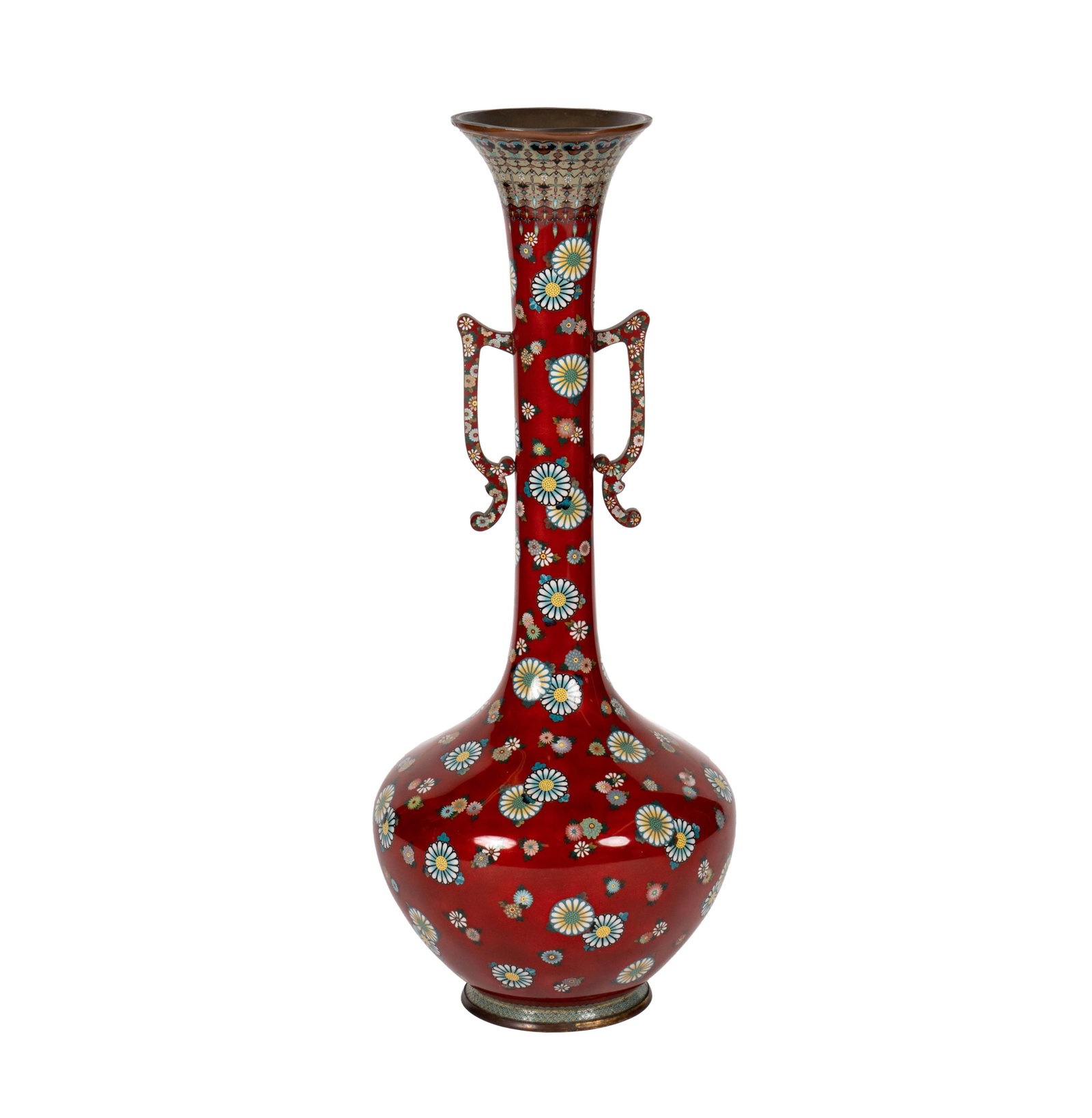 A Chinese Monumental Antique Cloisonne Urn: unmarked 36 1/2 x 14 in. (92.7 x 35.6 cm.) Provenance: Private Beverly Hills Estate