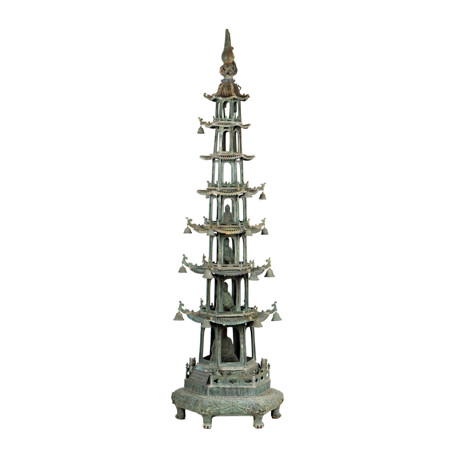An Antique Chinese Bronze Temple Pagoda: in sections, with four removable iron buddhas 93 x 24 x 24 in. (236.2 x 61 x 61 cm.) Condition: some pieces detached.