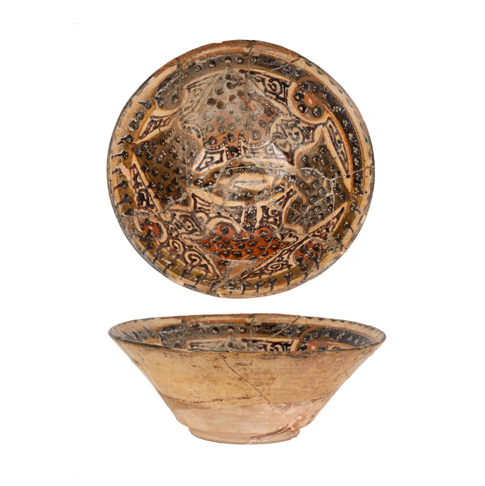 An Early Islamic Pottery Bowl: with high, slightly flared sides, decorated to interior 4 1/2 x 11 1/2 in. (11.4 x 29.2 cm.)