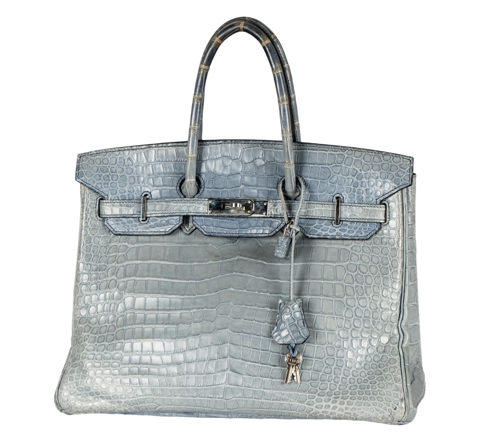 An Hermes Bleu Brighton Alligator Porosus 35cm Birkin Bag: 2008; with palladium hardware, lock and key; monogrammed "WWM" to exterior beneath flap; date-stamped "L" within square shape Excluding handles: 10 x 14 x 7 in. (25.4 x 35.6 x 17.8 cm.) Provenance: A