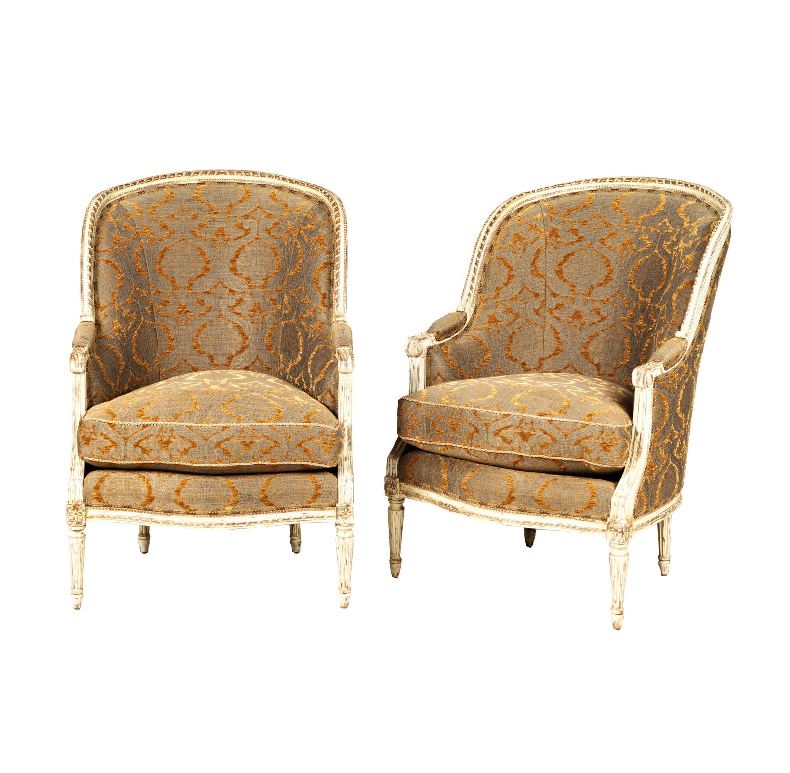 A Pair of Hendrix Allardyce Louis XVI-Style Painted Bergeres: contemporary 42 x 29 x 31 in. (106.7 x 73.7 x 78.7 cm.), Seat height: 20 in. (50.8 cm.) Provenance: From a Hendrix Allardyce Interior, Bel-Air, Los Angeles, CA