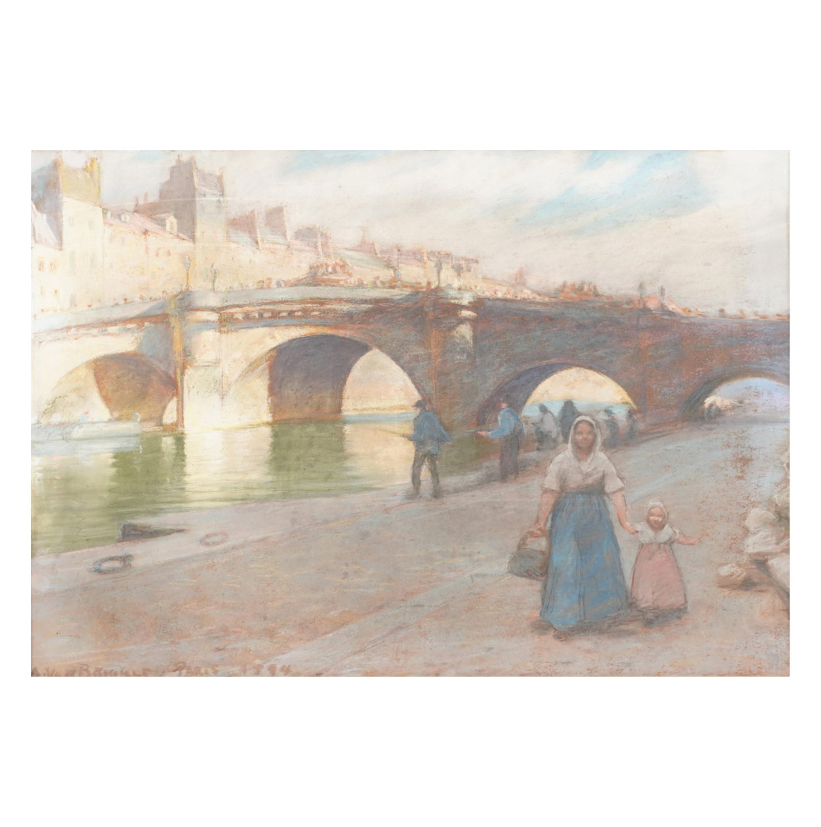 Artus Van Briggle (1869-1904): Figures on a Parisian Quay: Artus Van Briggle 1869-1904 Figures on a Parisian Quay oil pastel 1894; signed, dated and inscribed "Paris" lower left 19 x 25 1/2 in. (48.3 x 64.8 cm.), Frame: 24 1/4 x 31 3/4 in. (61.6 x 80.6 cm.)