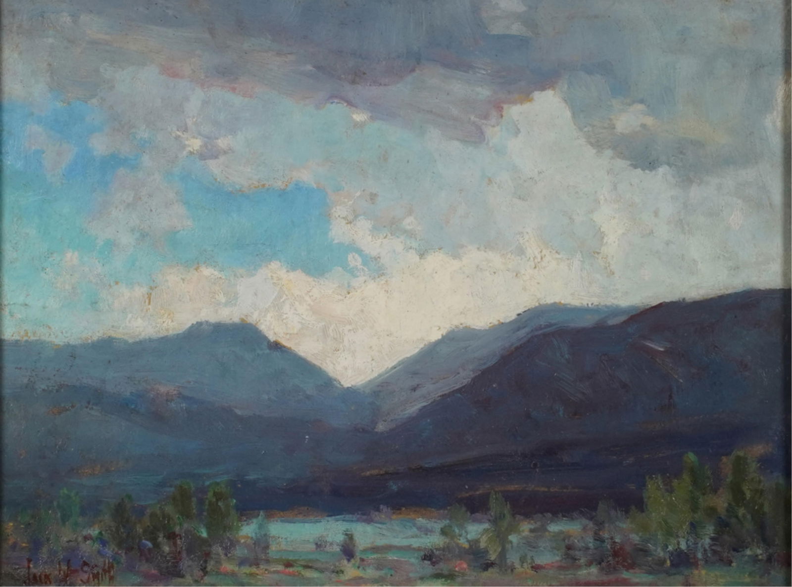 Jack Wilkinson Smith (1873 - 1949): California Landscape: Jack Wilkinson Smith 1873 - 1949 California Landscape oil on board signed lower left 9 x 12 in. (22.9 x 30.5 cm.), Frame: 15 1/2 x 18 1/2 in. (39.4 x 47 cm.) Provenance: Private Collection, Newport Be