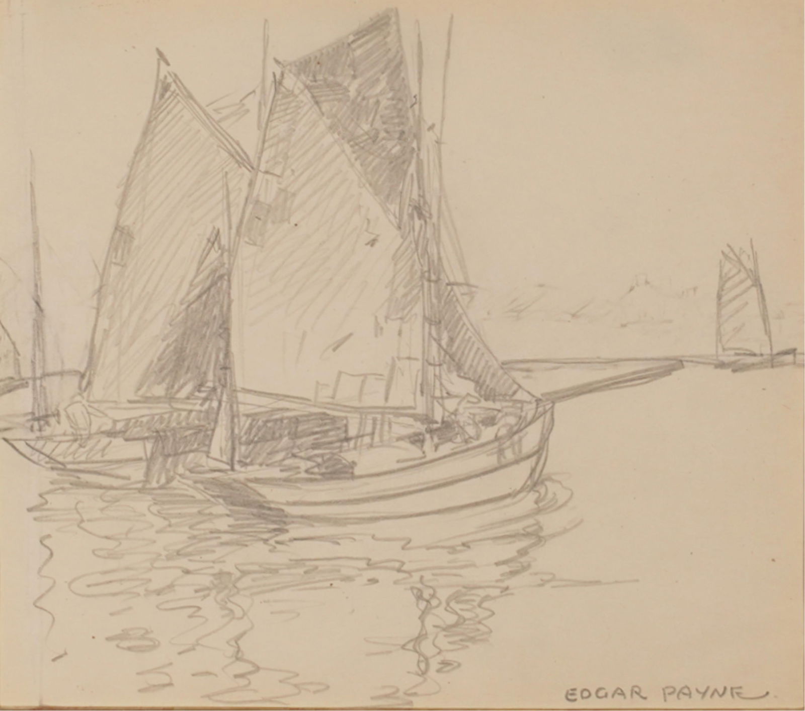 Edgar Alwin Payne (1883 - 1947): Tuna Boats: Edgar Alwin Payne 1883 - 1947 Tuna Boats pencil on paper signed lower right Sight: 7 1/2 x 8 1/2 in. (19.1 x 21.6 cm.), Frame: 14 x 13 in. (35.6 x 33 cm.) Provenance: Private Collection, Newport Beach