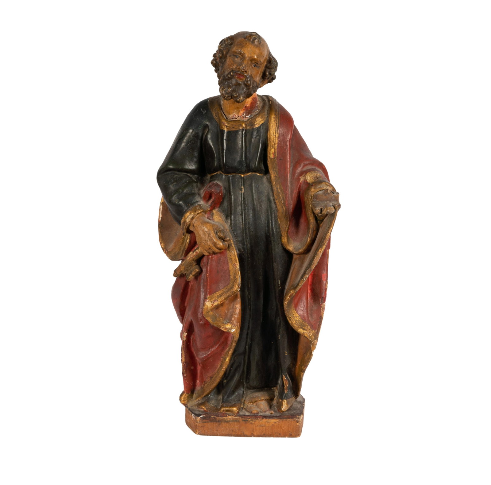 A Polychrome-Painted Carved Wood Santo Figure: depicting Saint Peter with key 17 1/2 x 8 x 5 in. (44.5 x 20.3 x 12.7 cm.) Provenance: The Estate of Francis and Marion Lederer