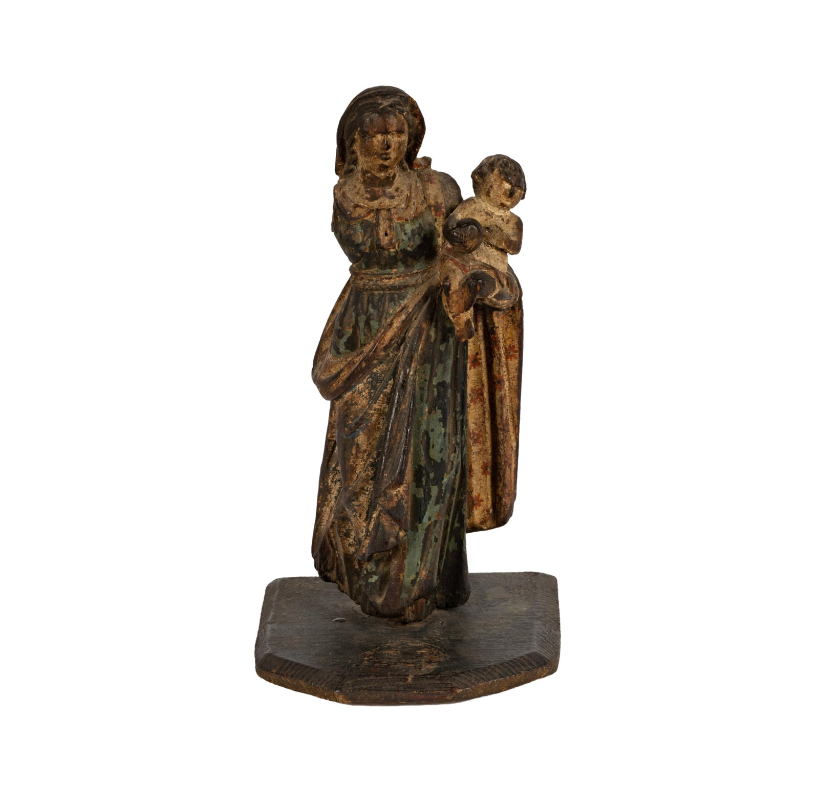 A Polychrome-Painted Carved Wood Santo Figural Group: depicting the Virgin and Child 12 x 6 x 6 1/4 in. (30.5 x 15.2 x 15.9 cm.) Provenance: The Estate of Francis and Marion Lederer