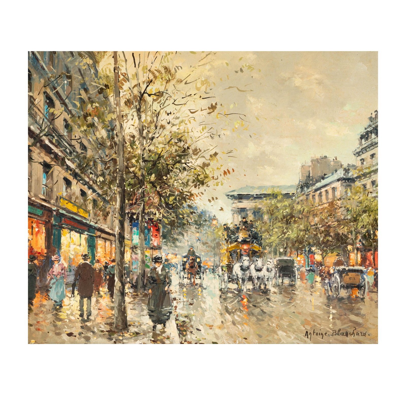 Antoine Blanchard (1910-1988): Boulevard Des Capucines, Paris: Antoine Blanchard French 1910-1988 Boulevard Des Capucines, Paris oil on canvas signed lower right, titled verso 18 1/4 x 22 in. (46.4 x 55.9 cm.), Frame: 27 x 30 1/2 in. (68.6 x 77.5 cm.)