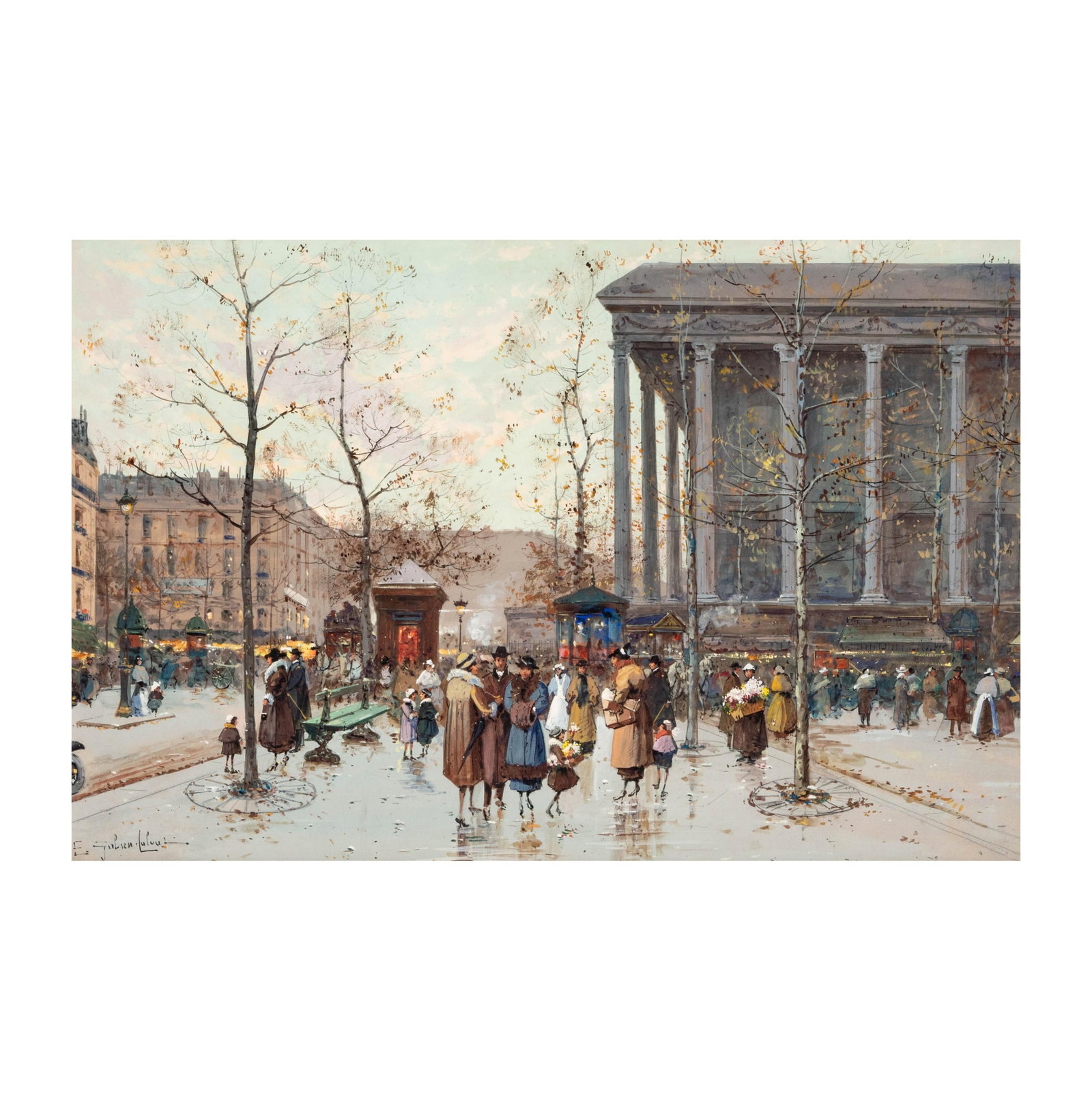 Eugene Galien Laloue (1854-1941): Place de la Madeleine: Eugene Galien Laloue French 1854-1941 Place de la Madeleine gouache and ink on paperboard; signed lower left 15 3/4 x 23 1/2 in. Frame: 27 x 34 1/2 in. (68.6 x 87.6 cm.)