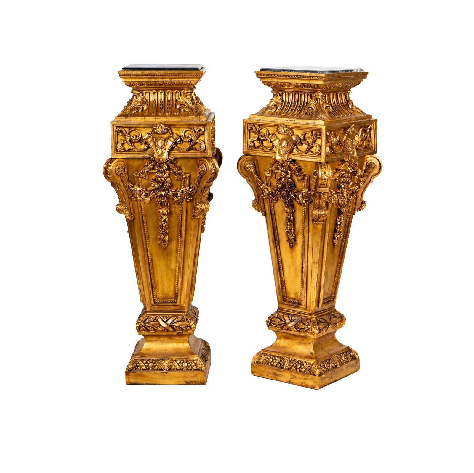 A Pair of Marble-Top Giltwood Pedestals: late 20th/21st century 51 x 18 in. (129.5 x 45.7 cm.)