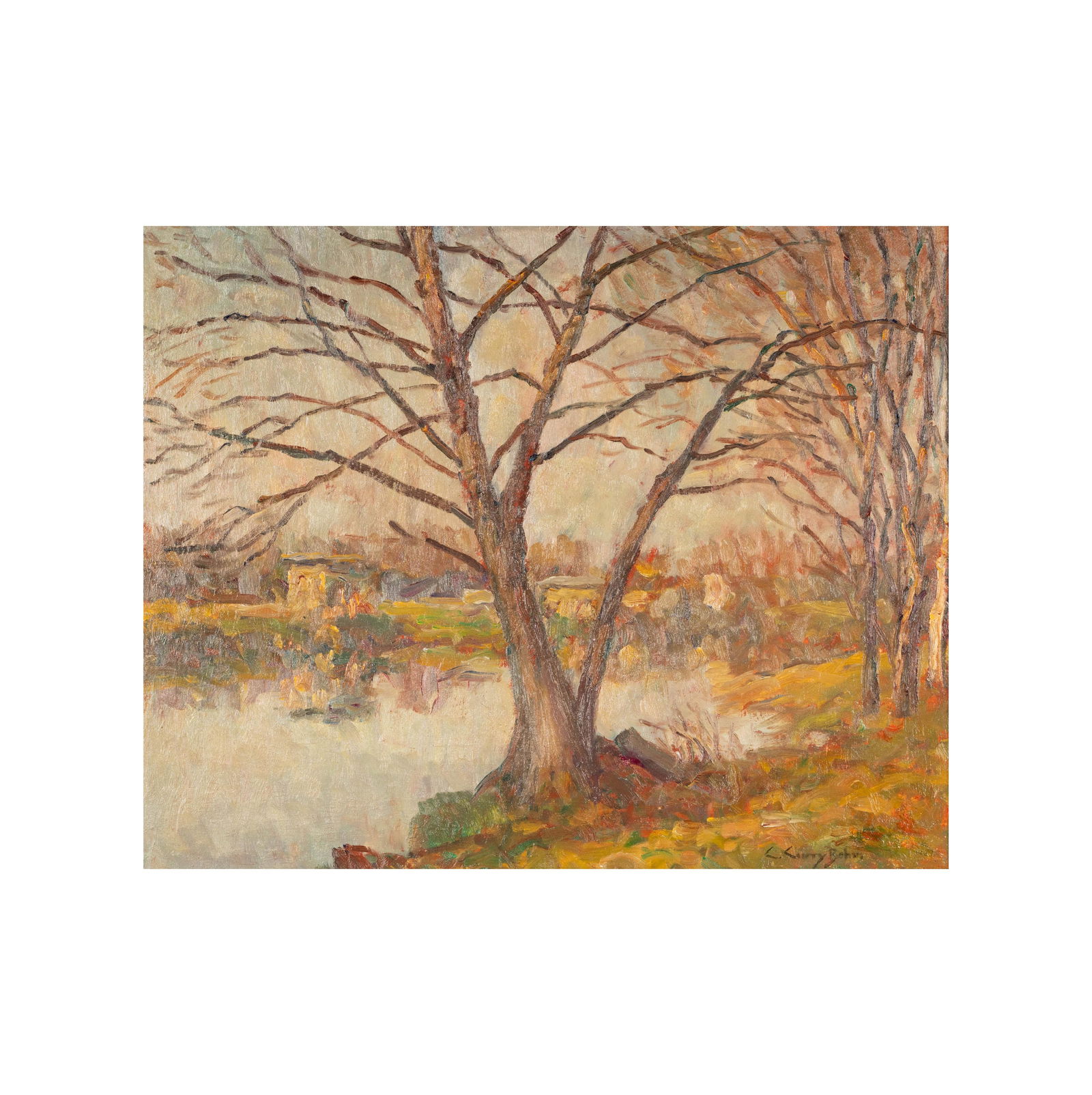 Claude Curry Bohm (1894-1971): Lake Landscape: Claude Curry Bohm 1894-1971 Lake Landscape oil on board signed lower right "C Curry Bohm" 15 3/4 x 19 1/2 in. (40 x 49.5 cm.), Frame: 20 1/4 x 24 1/4 in. (51.4 x 61.6 cm.)