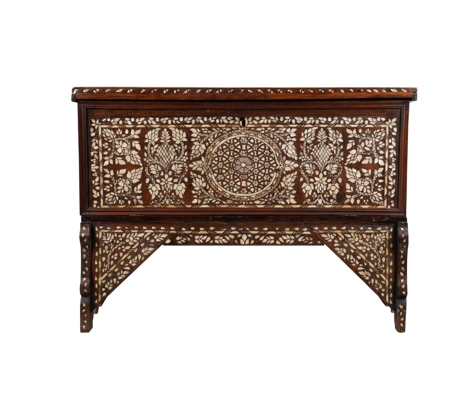 A Syrian Mother of Pearl and Bone-Inlaid Wedding Chest: with key 41 1/2 x 57 x 21 1/2 in. (105.4 x 144.8 x 54.6 cm.)