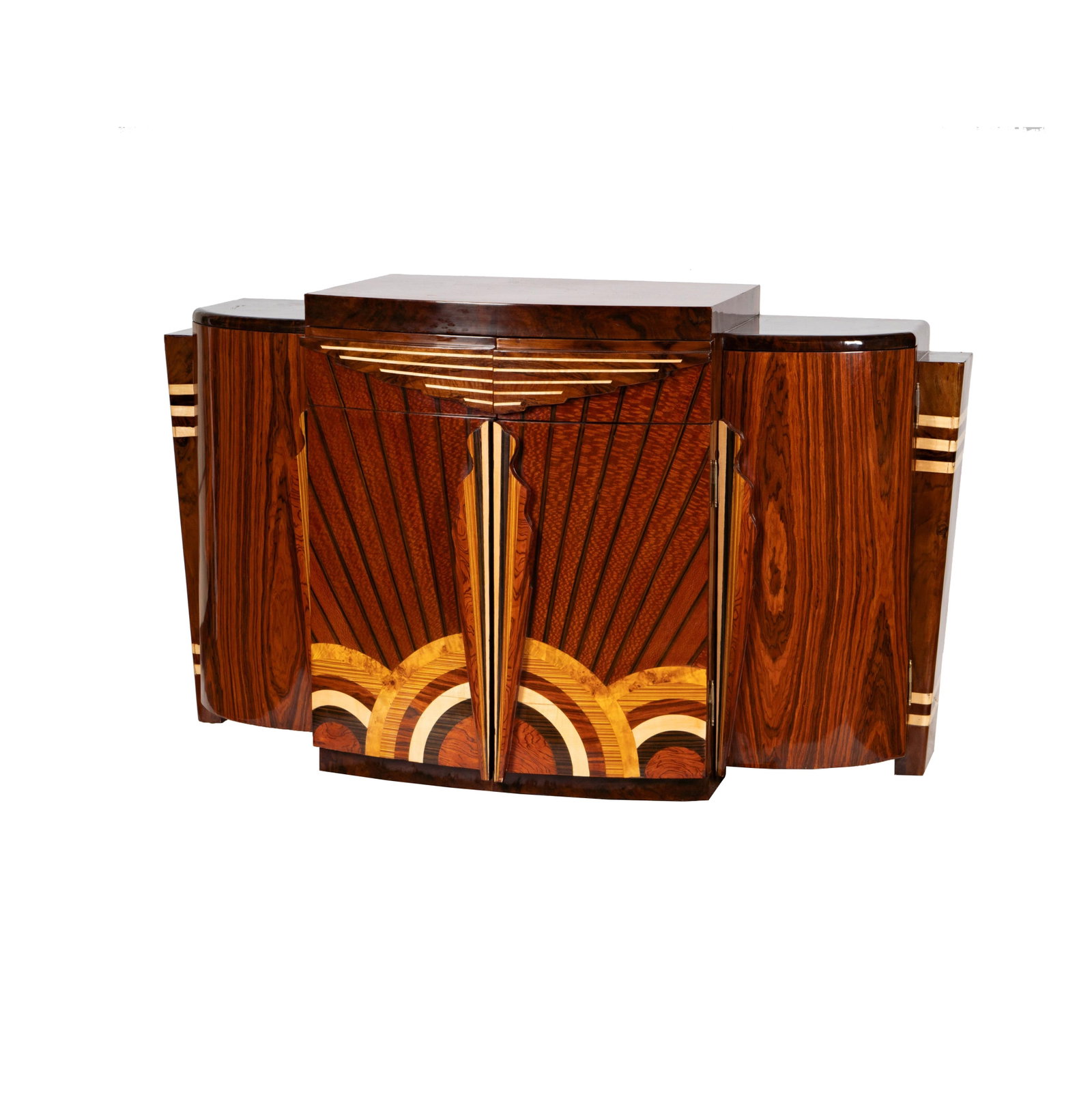 An Art Deco Style Inlaid Bar Cabinet: late 20th century; mixed woods 36 x 62 1/2 x 22 in. (91.4 x 158.8 x 55.9 cm.)