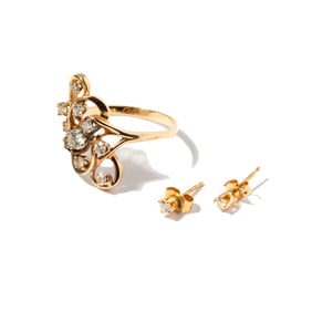 14 Karat Yellow Gold Diamond Ring and Earrings