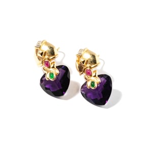 Pair of 14 Karat Yellow Gold, Amethyst, Ruby, Emerald and Diamond Earrings