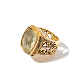 18 Karat Yellow Gold, Prasiolite and Diamond Ring