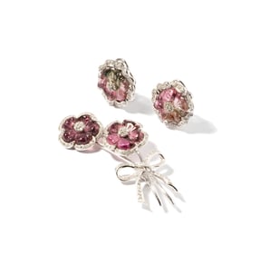 18 Karat White Gold, Bi-Color Tourmaline, and Diamond Earrings and Brooch