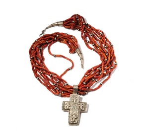 Lenora Begay Navajo Sterling Silver Cross, Coral Beaded Necklace