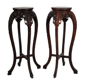A Pair of Chinese Marble-Inset Carved Wood Stands