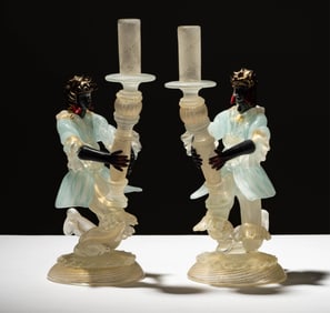 A Pair of Venetian Glass Figural Candlesticks