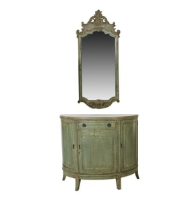 A Painted Demilune Bar Cabinet with Mirror