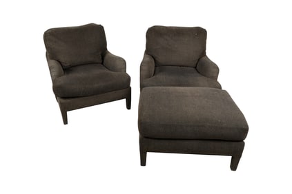 A Pair of A. Rudin Fully Upholstered Club Chairs with One Ottoman