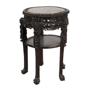 A Chinese Marble-Inset Carved Wood Side Table
